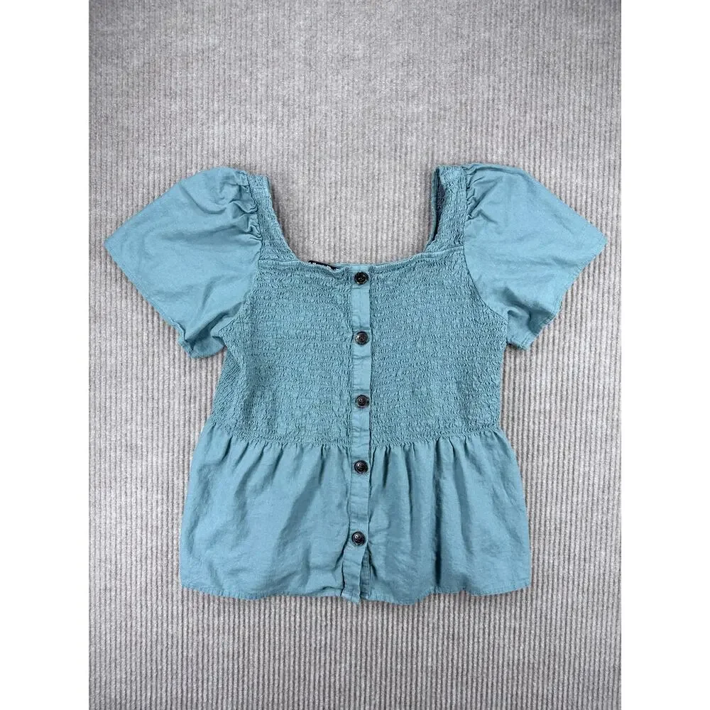 Madewell Lucie Linen Blend Smocked Peplum Top Faded Shale Green Size M
